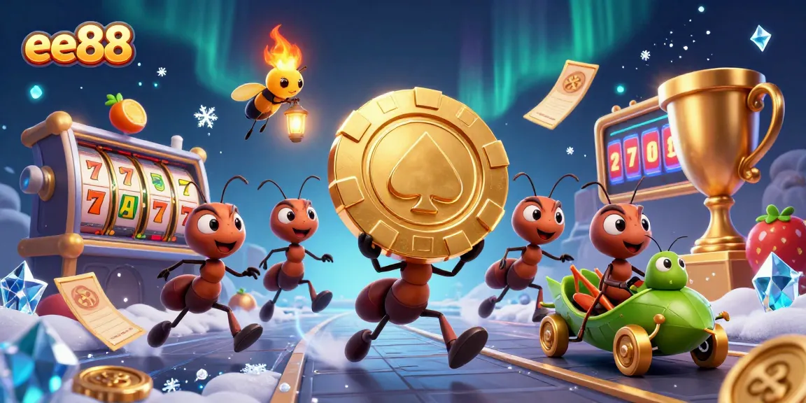 ee88 heist scene with cartoon ants, golden poker chip, and slot game elements