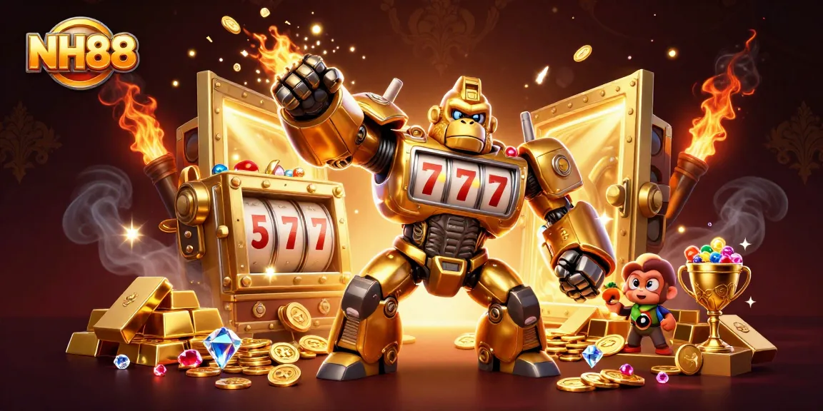 Experience thrilling wins with NH88's golden gorilla mech unleashing jackpots and treasures!