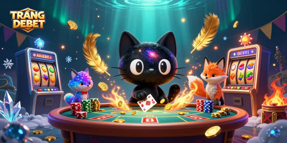 Engage with TRANG CHỦ DEBET as the cosmic cat pulls in casino chips in a vivid gaming scene.