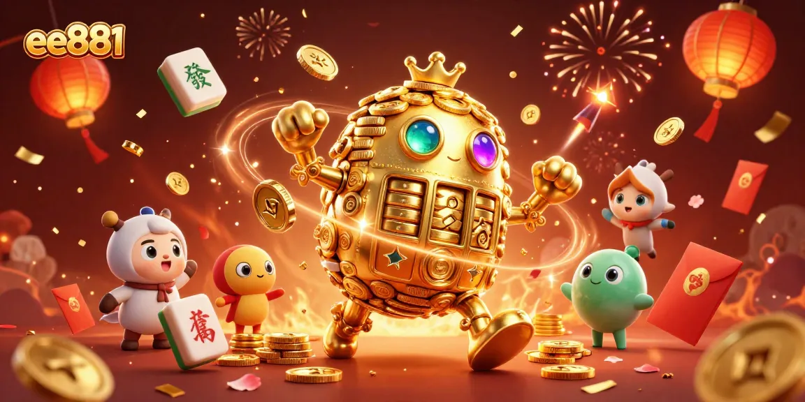 Engage with ee881's thrilling gaming experience featuring a dynamic golden golem amidst casino elements.