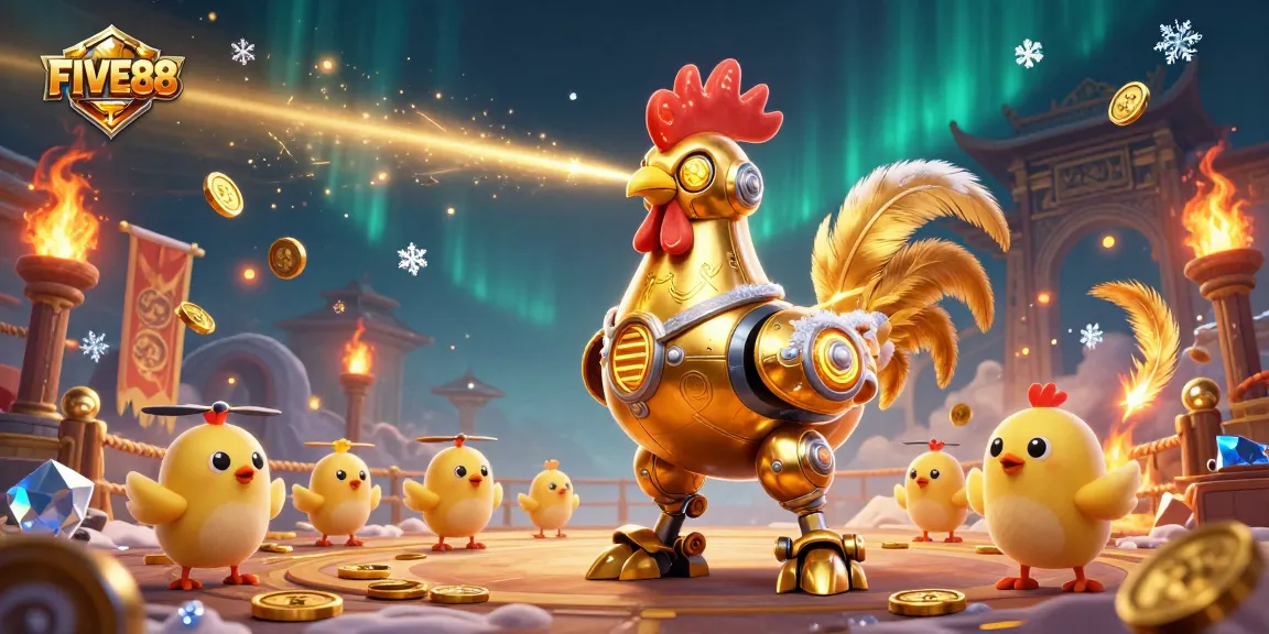 Engage in thrilling gameplay at FIVE88 with a captivating scene of a golden rooster robot and baby chick drones.