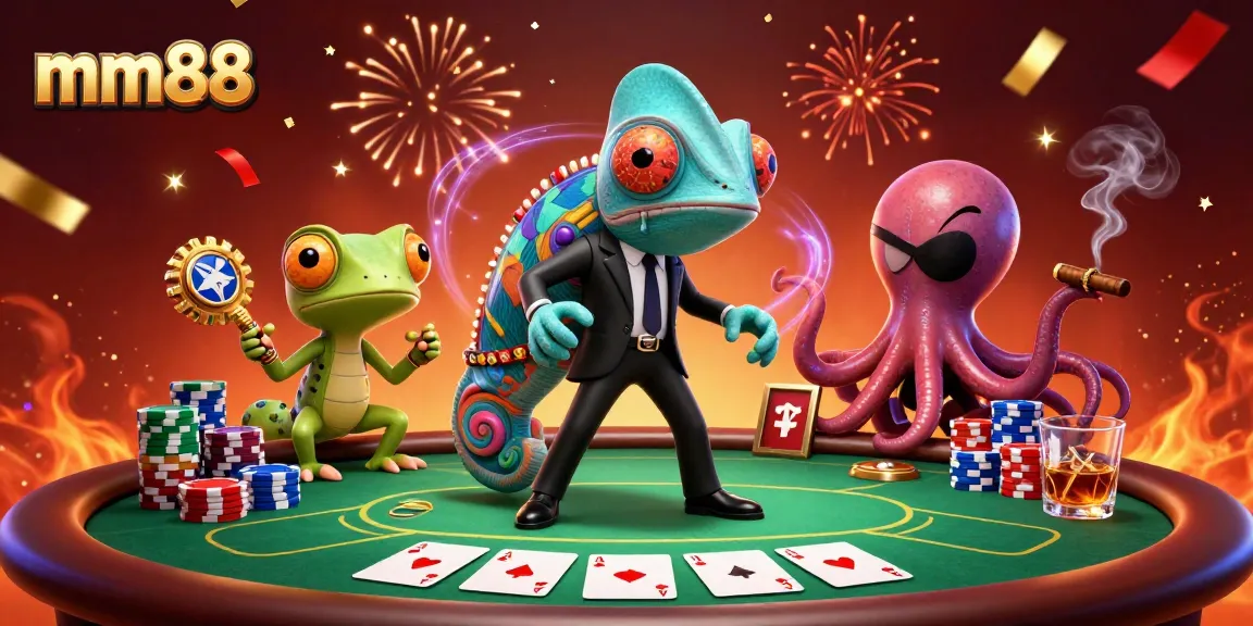 Engage with mm88's vibrant casino atmosphere featuring a chameleon agent, tech-gecko, and an octopus.