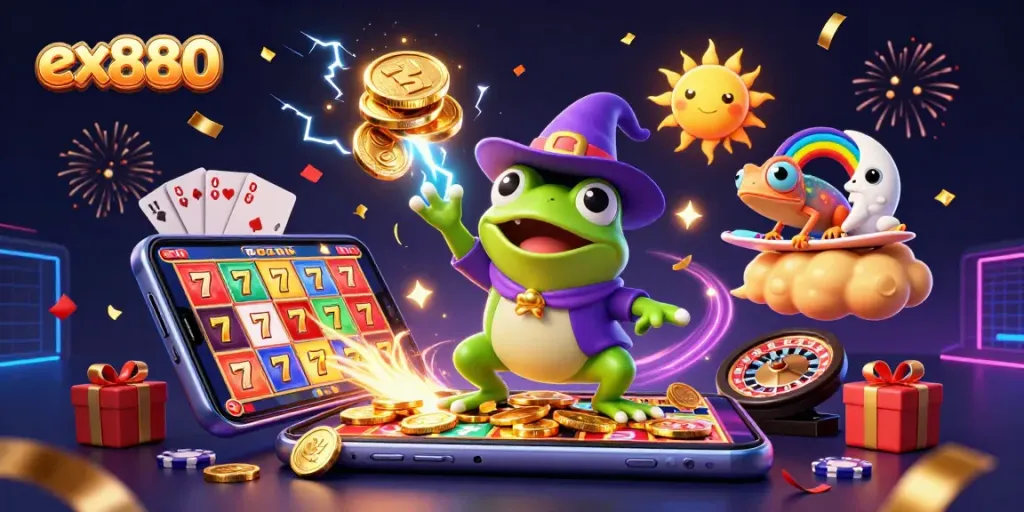 Experience the thrill of ex880 as the cartoon wizard frog conjures golden coins and luck.