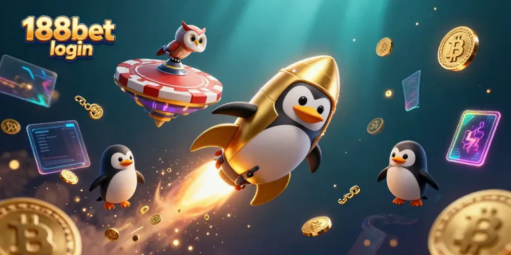 Experience thrilling 188bet login action with a golden penguin launching toward a casino space station amidst crypto elements.
