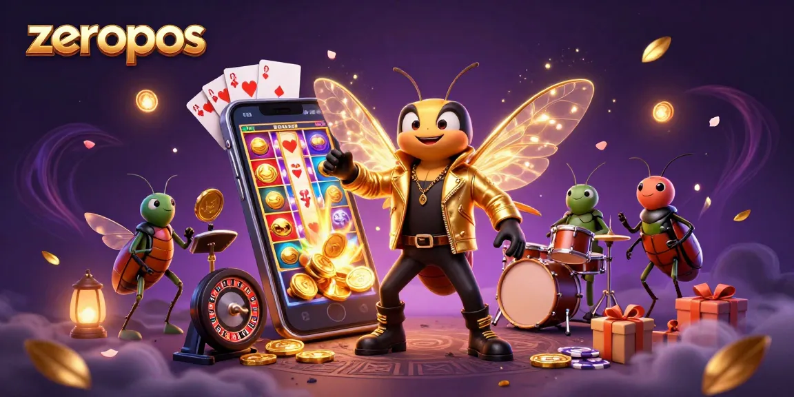 Play thrilling slot games with zeropos, featuring a vibrant rock star cicada band illustration.