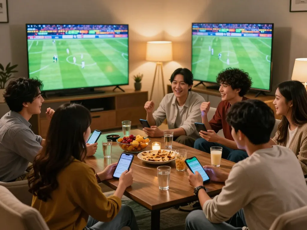 Engaging friends watching live football vip match while strategizing bets in a vibrant home setting.