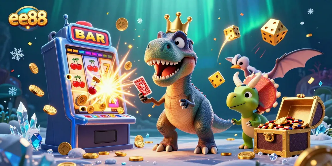 ee88 showcases a playful casino scene with a cartoon T-Rex shuffling cards and friends stacking chips.