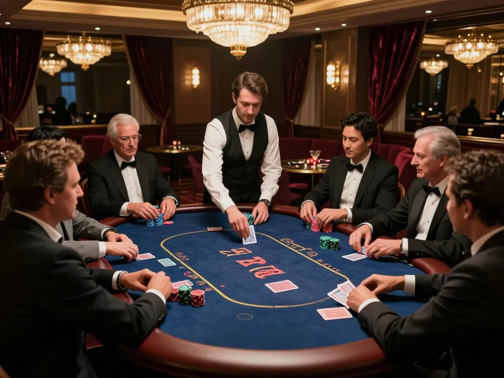 OK365 poker players strategizing at a high-end casino table during a thrilling game night.