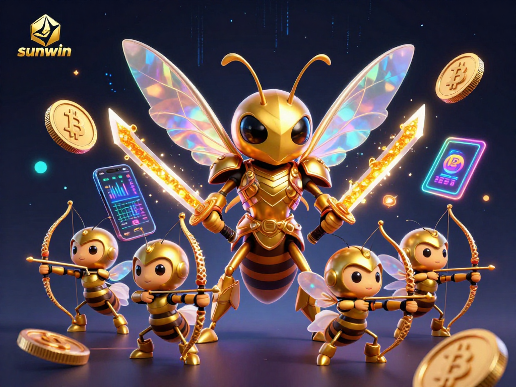 Engage with the vibrant world of sunwin through a cinematic 3D illustration featuring gamified crypto elements.