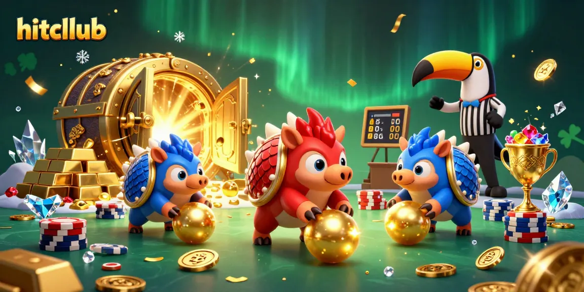 Engaging scene depicting a hitcllub game with pangolins bowling through poker chips amidst treasure and gems.
