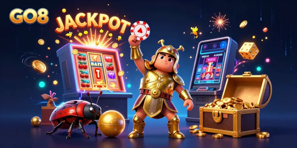 Experience the thrilling victory with GO8 as the cartoon hercules beetle lifts a poker chip in a packed casino scene.