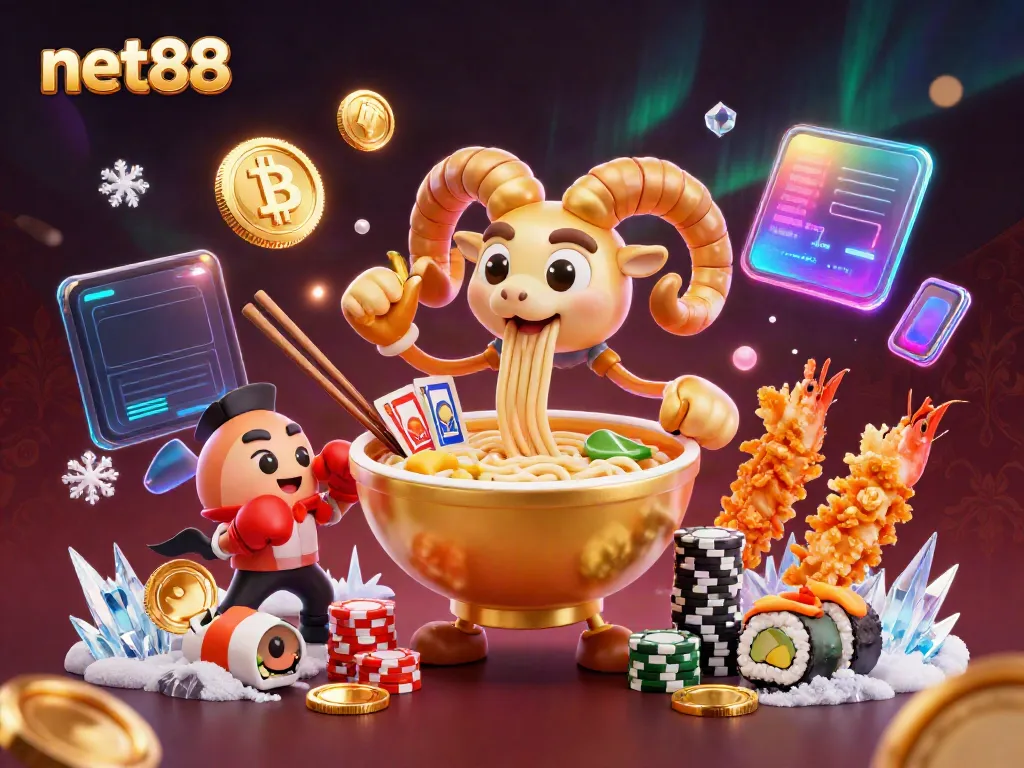 Engage in thrilling net88 action with a vibrant 3D casino illustration filled with dynamic characters.