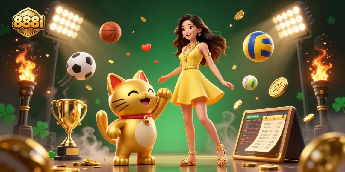 Engage in exciting gambling with 888i, featuring fun elements like sports balls and a lucky cat.