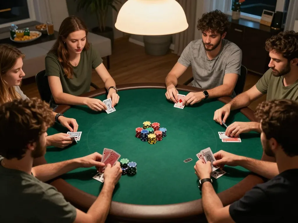 KJC players enjoying a friendly poker game at home, showcasing cards and chips in a relaxed atmosphere