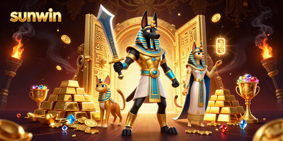 Engage with the thrilling sunwin casino adventure illustrated through vibrant Egyptian characters and treasures.