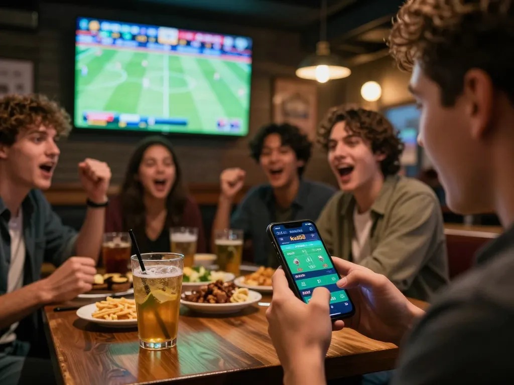 Sports betting excitement at ku88, placing live bets on a smartphone while cheering with friends.