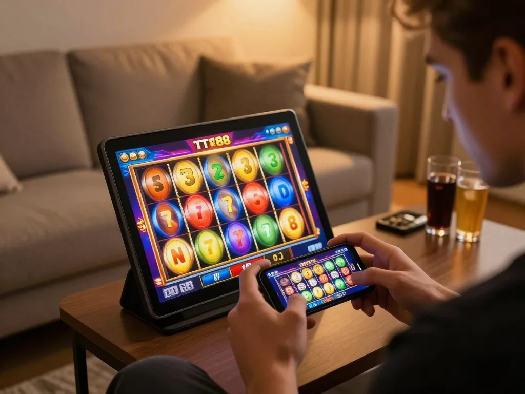 Engaged player at TT88 enjoying vibrant slot games on smartphone in cozy home.