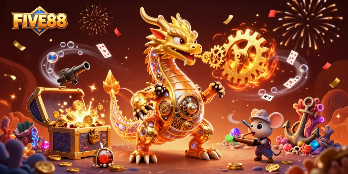 Engage in thrilling gameplay at FIVE88 with a majestic dragon, gold, and vibrant gems.