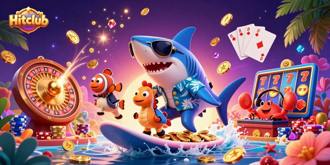 Hitclub's vibrant 3D illustration showcases a hammer-head shark surfing on gold coins amidst dazzling casino elements.