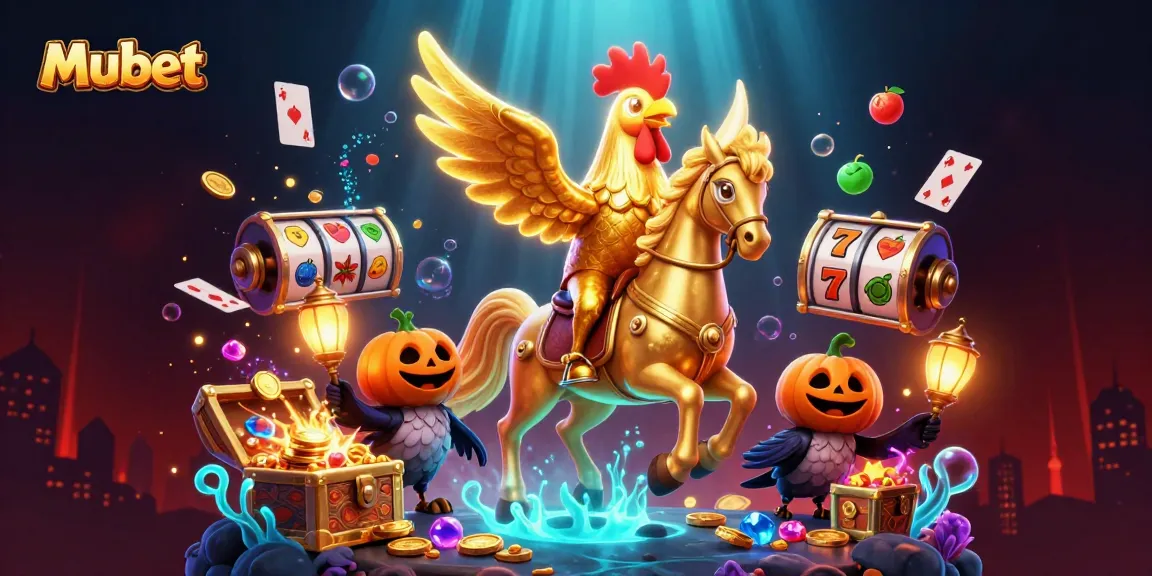 Mubet showcases a vibrant casino scene with a golden rooster and dynamic elements for online gamblers.
