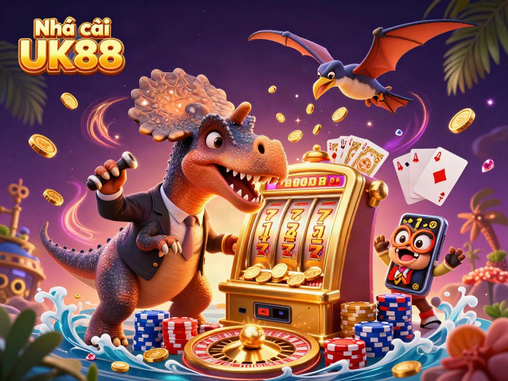 Nhà cái UK88 showcases a carnival of riches with dinosaurs and dynamic casino elements.