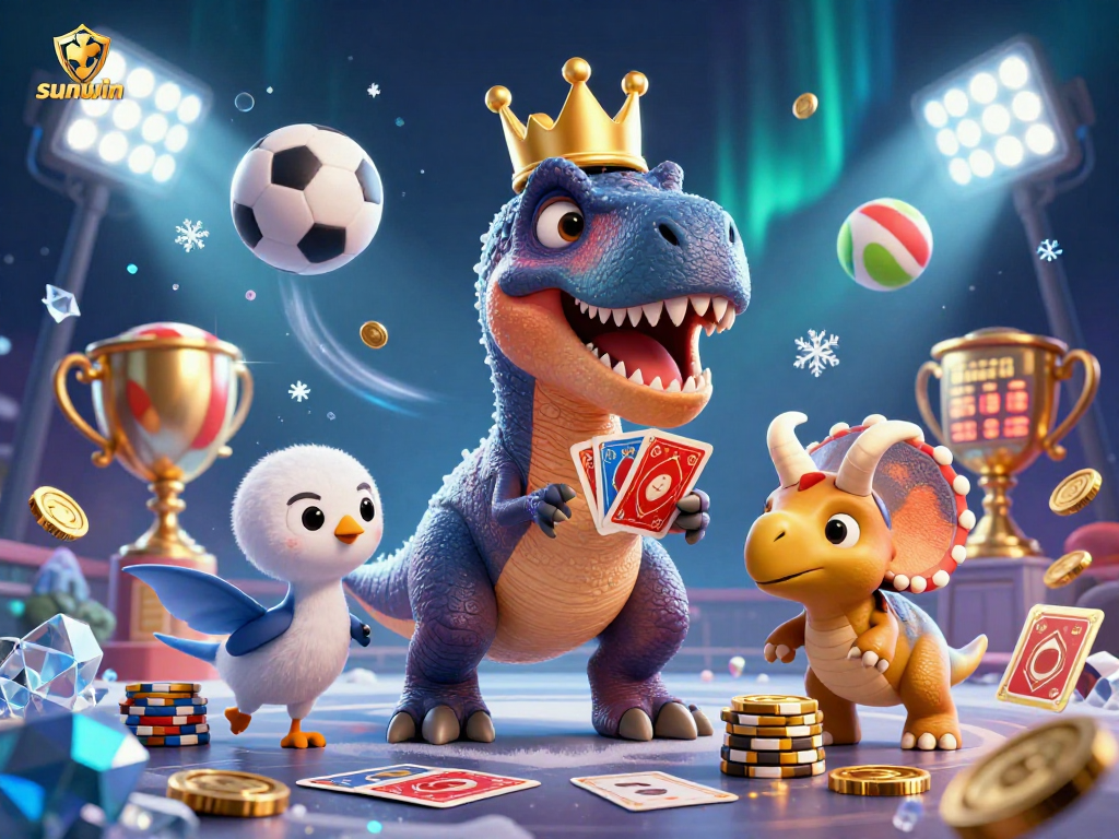 Experience the excitement of sunwin with a T-Rex shuffling cards and thrilling sports elements in play.