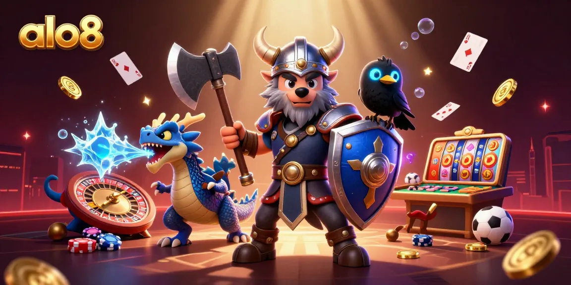 Bet and win at ALO8 with exciting characters facing a dynamic casino scene filled with gold coins.