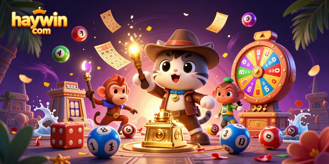 Experience the excitement of haywin com with a 3D treasure hunt featuring colorful lottery elements and dynamic casino artifacts.