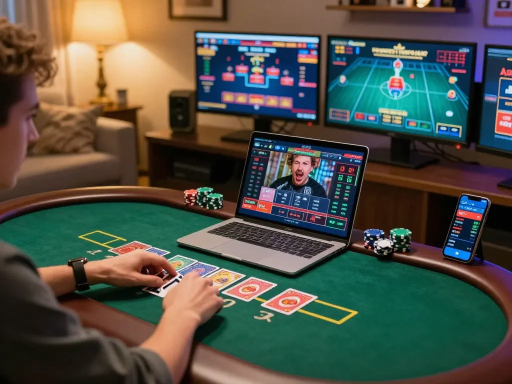 Player enjoying live blackjack at home via 98 WIN, showcasing strategic gameplay and modern decor.