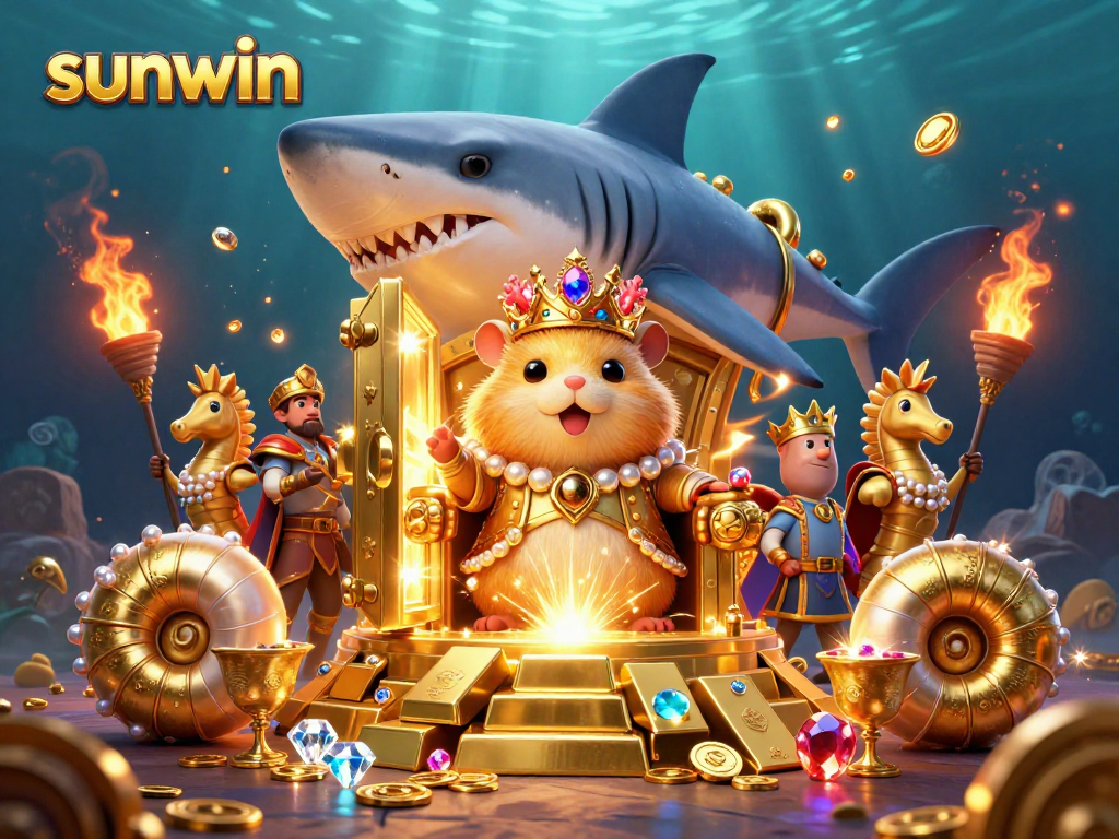 Engage with the vibrant treasures of sunwin illustrated through a golden hamster king and royal seahorse guards.
