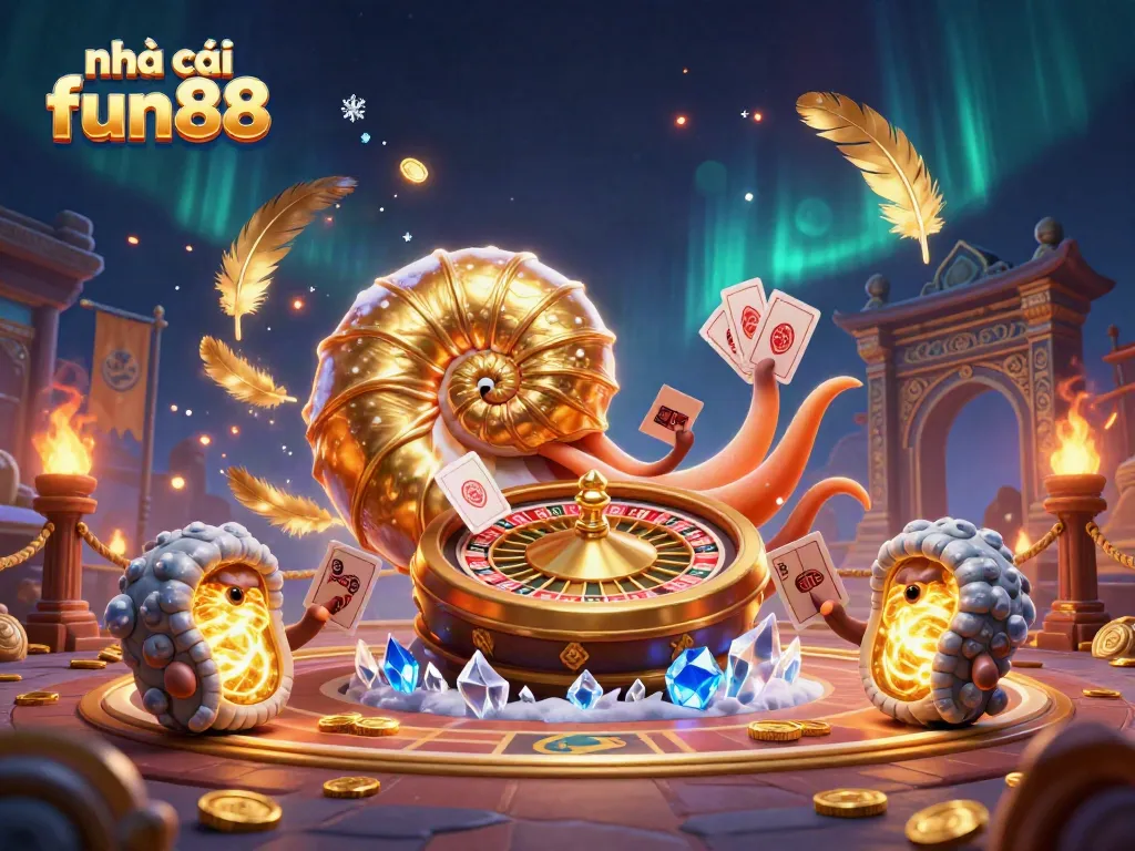 Engage with nhà cái fun88 in a vibrant casino scene featuring a giant nautilus roulette wheel.