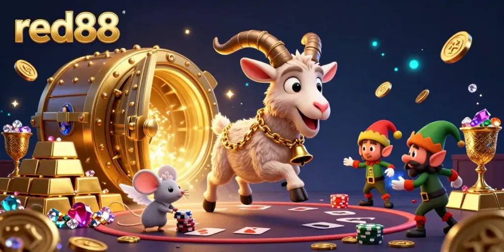 Experience thrilling gameplay at red88 as Krampus and a tiny angel mouse navigate a chaotic casino scene.
