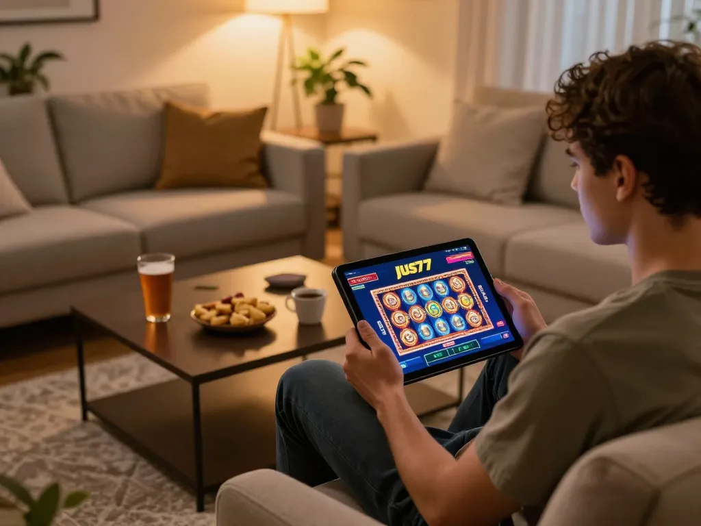 Engaged player explores jus77 online slot games on tablet during cozy gaming session at home