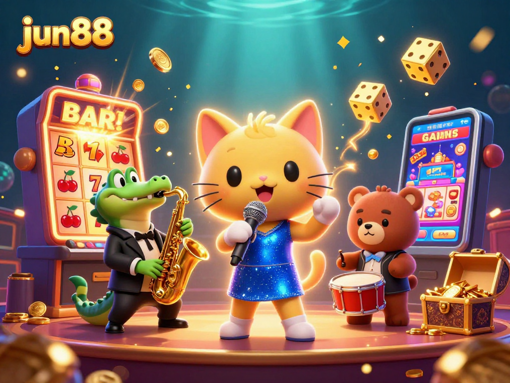 Experience the excitement of jun88 with a jazz-singer cat, crocodile, and bear cub in a dynamic casino scene.