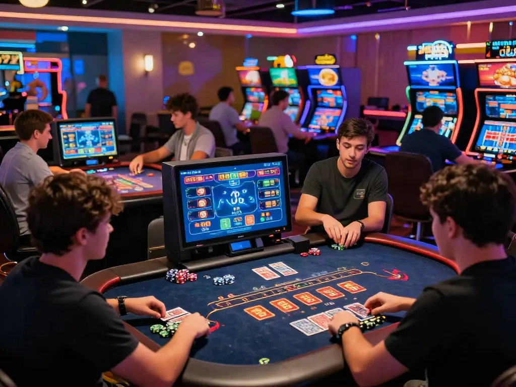 Players enjoy diverse games at the hitclub platform in a vibrant casino setting.
