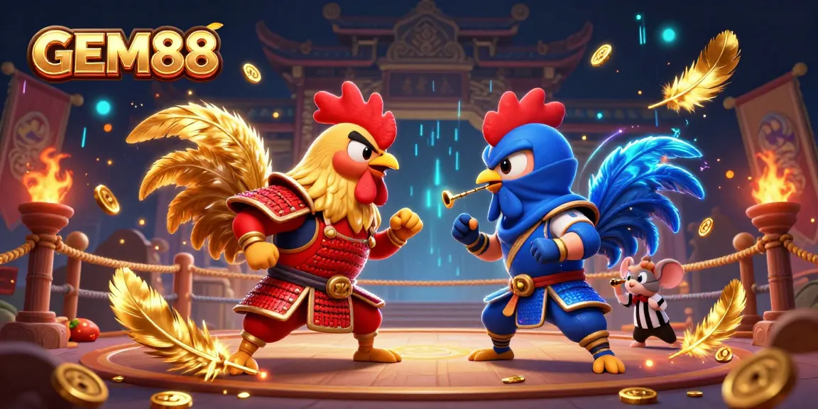 GEM88 showcases an epic cockfighting illustration with dynamic characters and immersive casino elements.