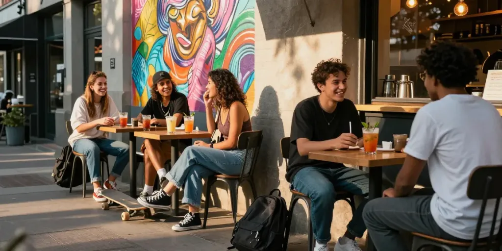 Friends enjoying a lively moment at a café with urban style, rokok88 theme.