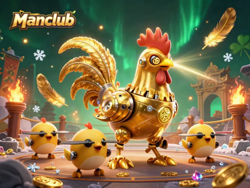 Engage in thrilling games with the manclub golden rooster robot leading the way through an electrifying casino scene.