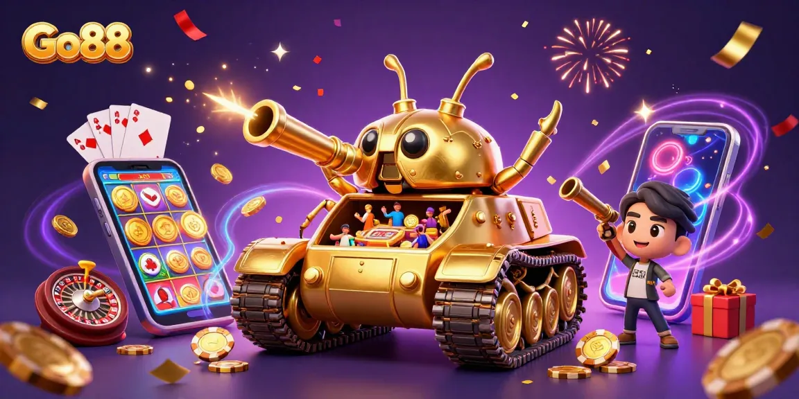 Enter the thrilling world of Go88 with a golden beetle tank revealing a vibrant casino, celebrating wins!