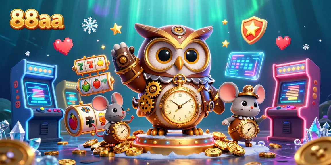 Experience the thrill of 88aa with a time-traveling owl and clockwork mouse in a vibrant casino scene.