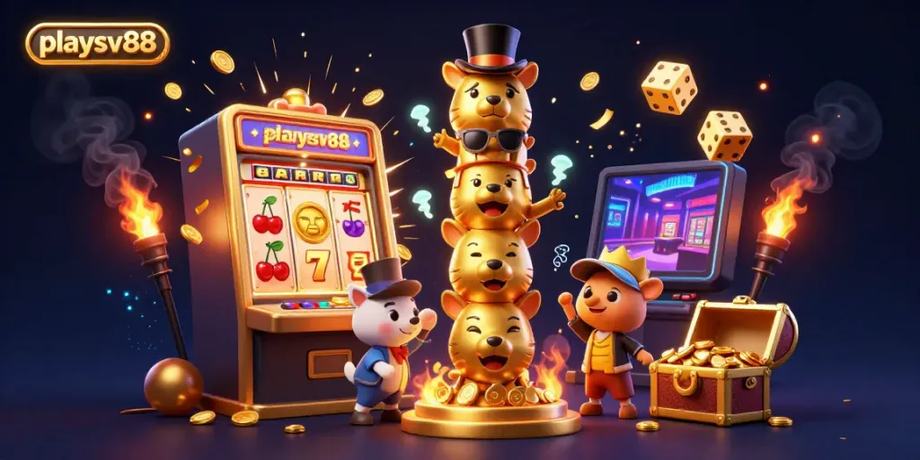 Experience the thrill of playsv88 with this illustration of a vibrant casino atmosphere packed with game elements.