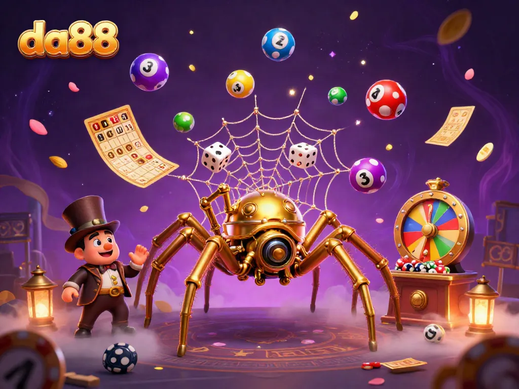 Engage with the da88 online gaming universe featuring a whimsical steampunk spider and vibrant lottery elements.