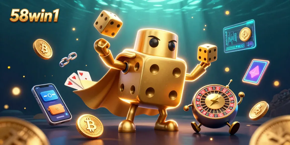 Win big with 58win1 in a vibrant 3D casino scene featuring exciting game elements.