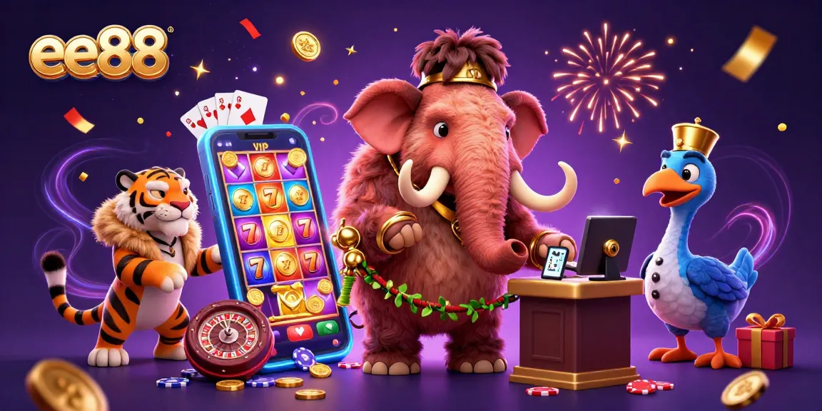Experience lively casino action with ee88 featuring a mammoth bouncer, VIP tiger, and festive atmosphere.