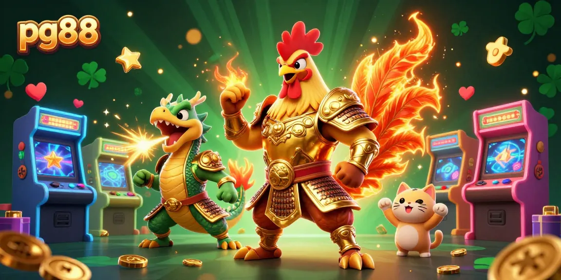 Experience exhilarating gameplay at pg88 with a dynamic illustration featuring a cartoon rooster warrior and gaming elements.