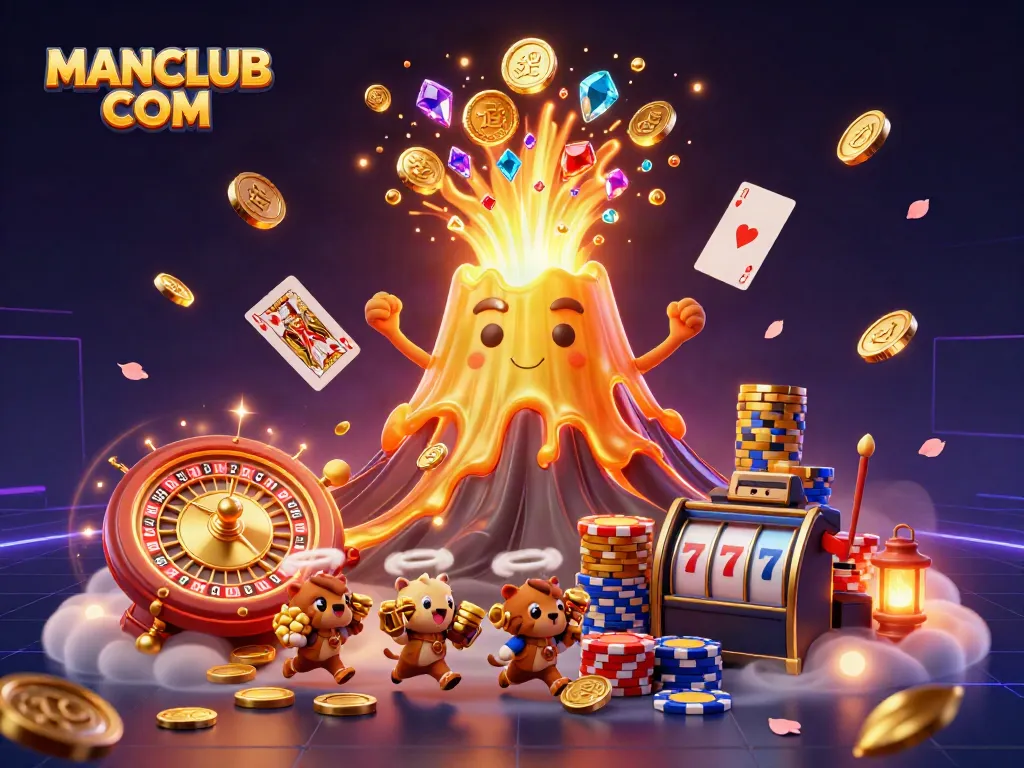 Engage with thrilling casino action at MANCLUB COM with spectacular winnings captured in a triumphantly erupting volcano, symbolizing jackpot treasures.