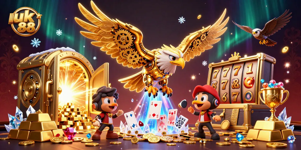 Experience the thrilling action of uk 88 with a golden eagle flying through holographic casino elements.
