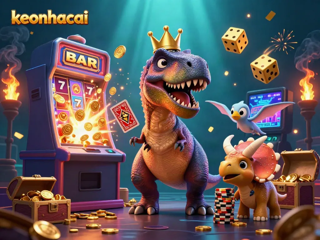 Enjoy winning strategies with keonhacai in a vibrant 3D casino scene featuring playful dinosaur characters.