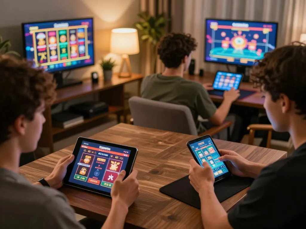 Players using Sunwin mobile casino app in a lively home gaming atmosphere