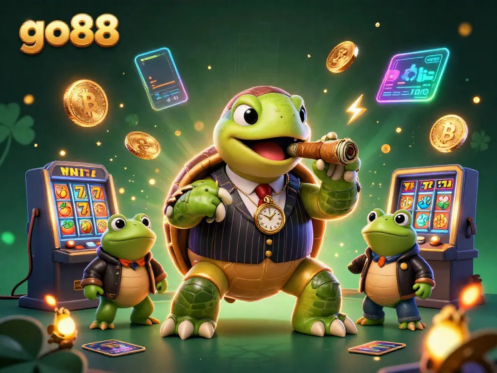 Join the excitement at go88 with a lively casino scene featuring a massive snapping turtle and bullfrog enforcers.